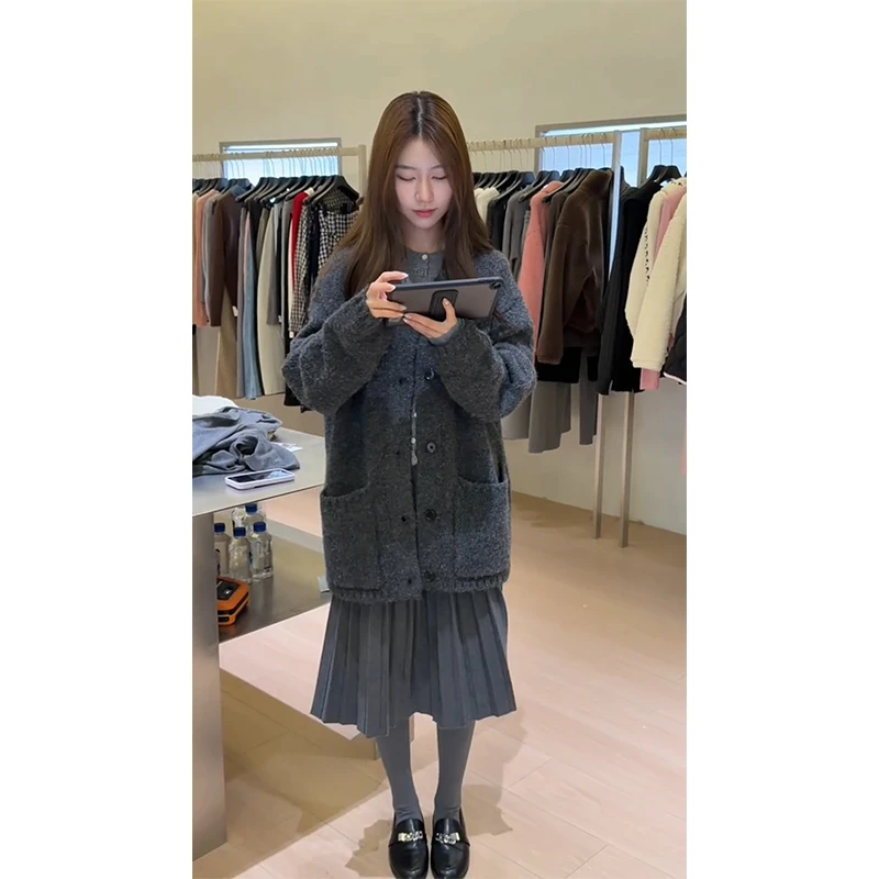 parkyeon秋冬新款灰色翻领针织毛衣外套内搭上衣高腰百褶裙套装