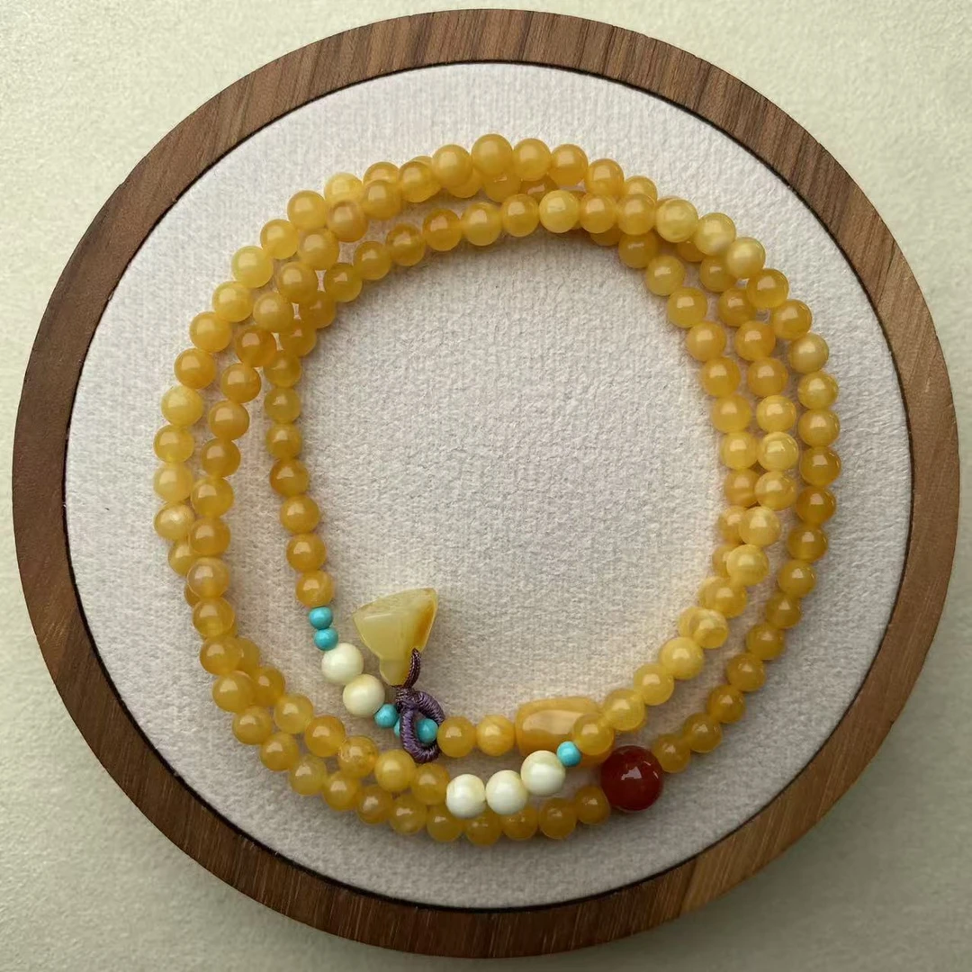 原矿俄料小米珠鸡油黄蜜蜡三圈手链S033D