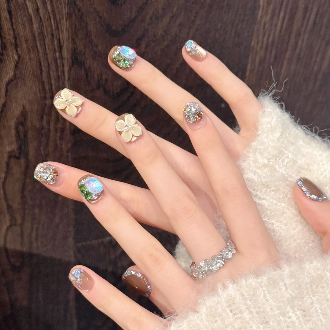 冰晶花语｜冰透立体雕花高级感短款手工穿戴甲10片