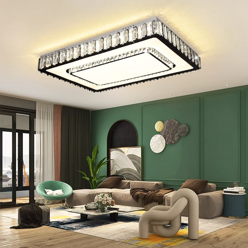 LED新款现代简约长方形吸顶灯客厅房间大气高亮不锈钢轻奢水晶灯