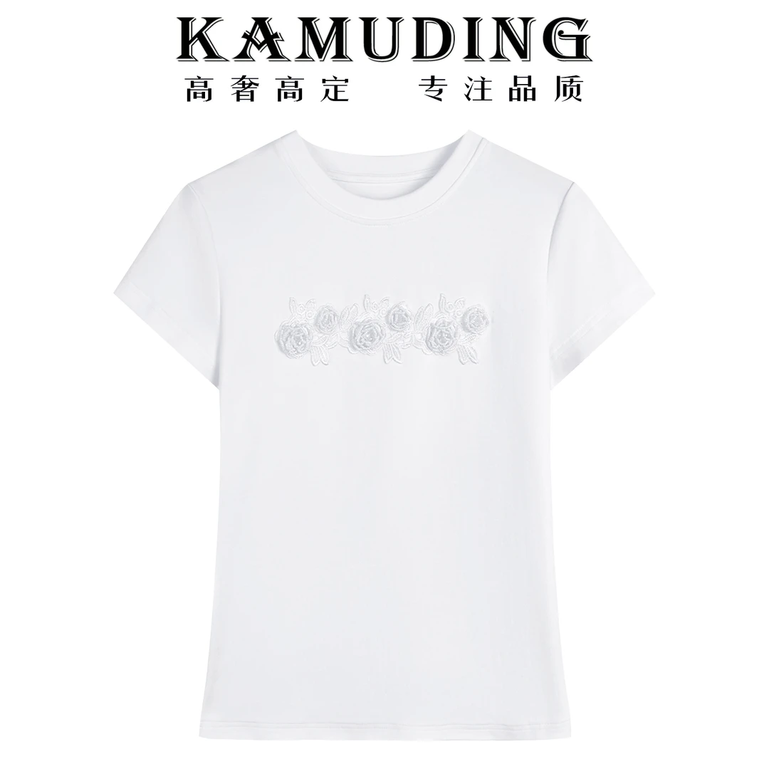 KAMUDING-2025设计感韩式刺绣花朵简约时尚上衣8656
