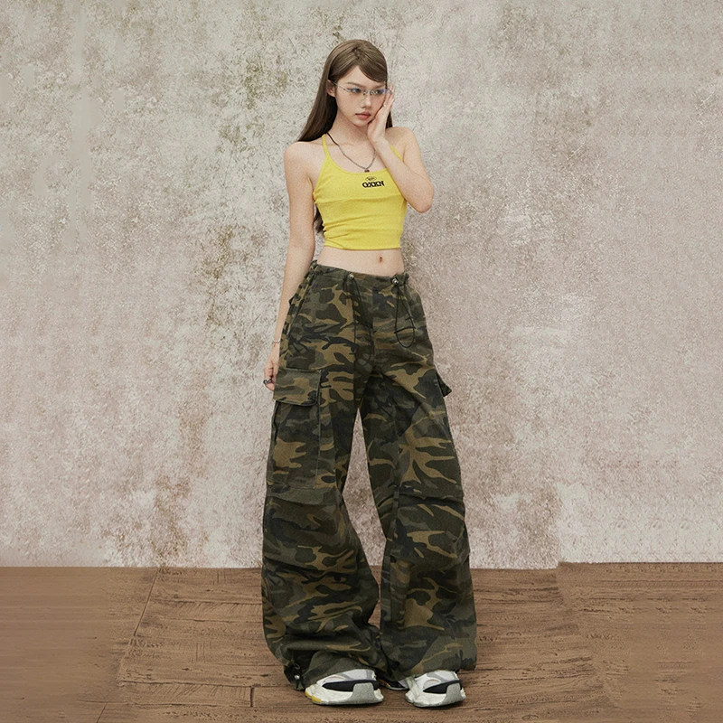 美式复古宽松迷彩阔腿牛仔裤女高街调节腰束脚百搭工装裤休闲裤女