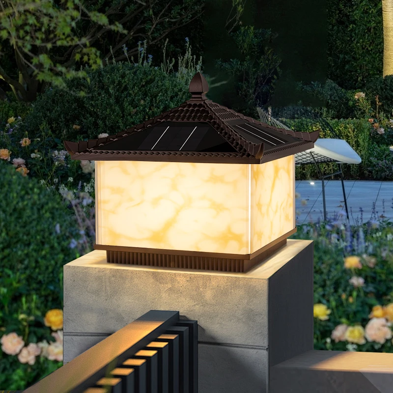 翘盖新款云石纹太阳能户外庭院防水家用室外别墅门柱灯围墙柱子灯