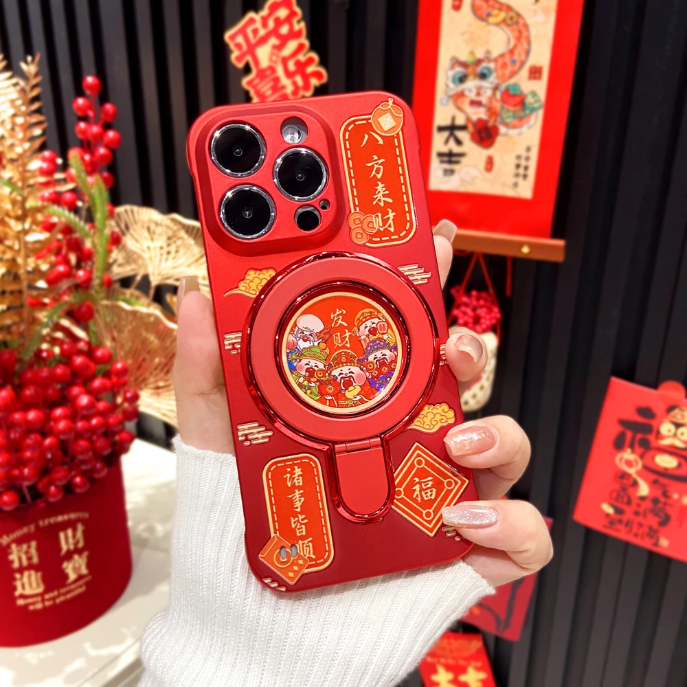 一群财神适用苹果16华为OPPO小米15VIVO高颜值中国红无边框手机壳