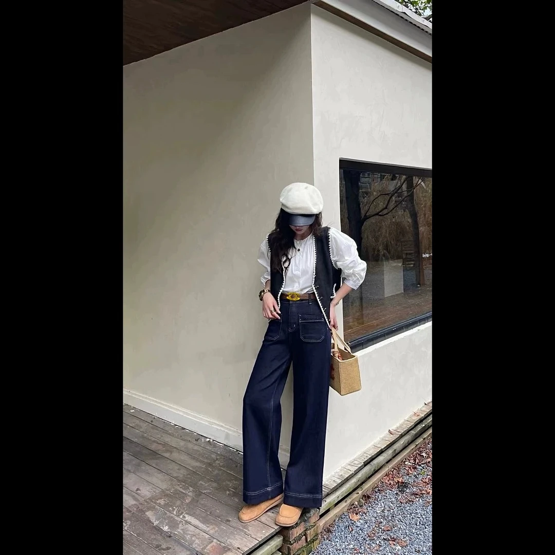 QIMO启茉（A9992#C简约直筒牛仔裤（配皮带）普洗蓝