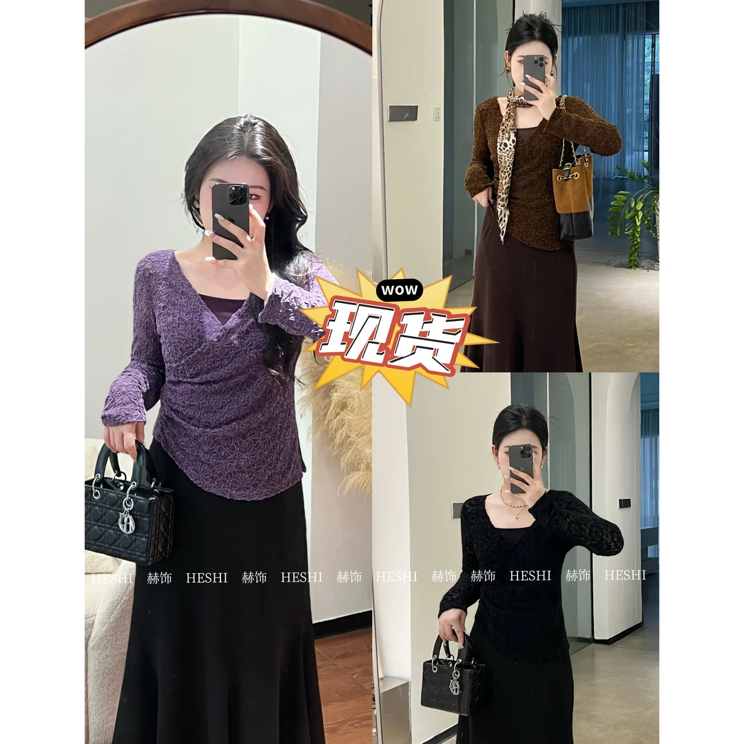 现货【嘎嘎】胖MM新款2025秋季大码遮肉显瘦气质上衣两件套08063D