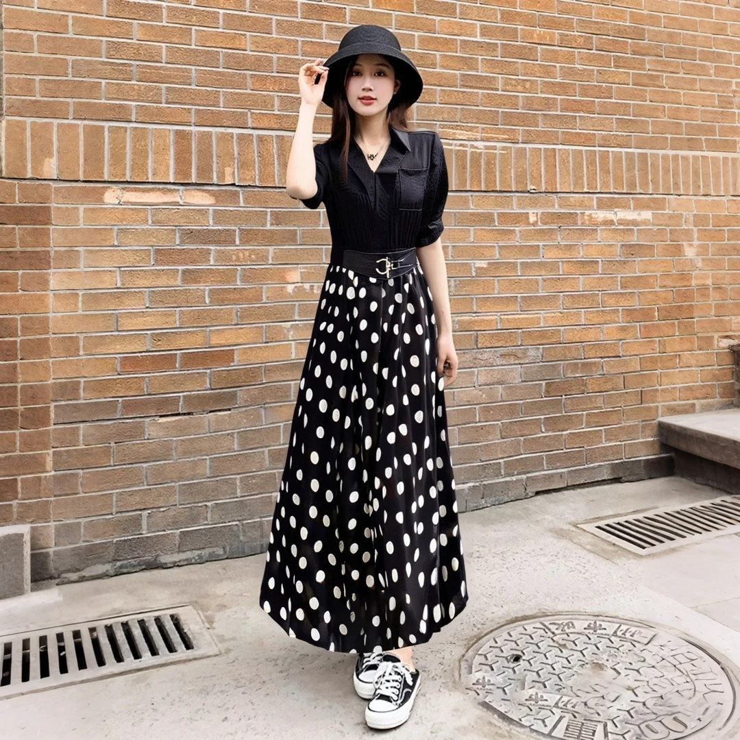 A【送腰带】夏季新款法式气质优雅时尚拼接波点大摆连衣裙女D2109