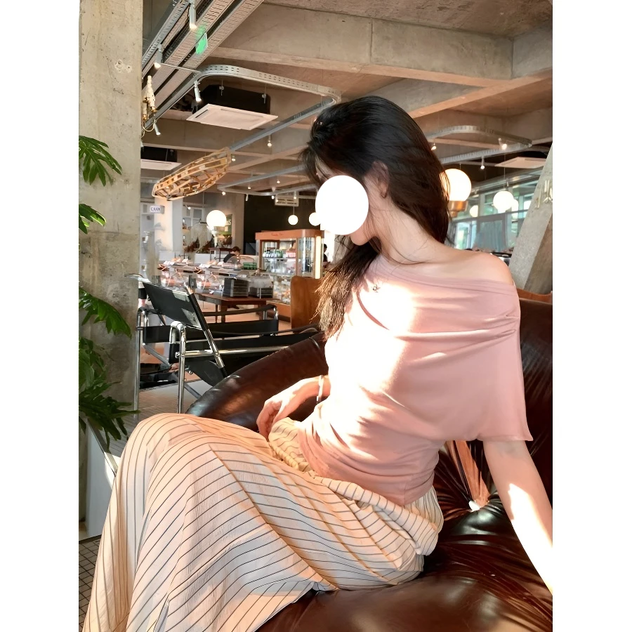 性感一字领斜肩短袖t恤女夏季新款慵懒气质收腰修身显瘦百搭上衣