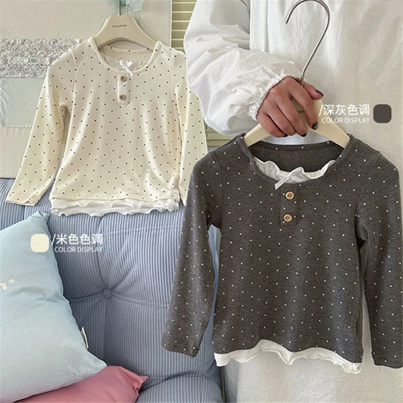 女童长袖T恤纯棉女宝秋装2025新款波点打底衫春秋假两件上衣秋季