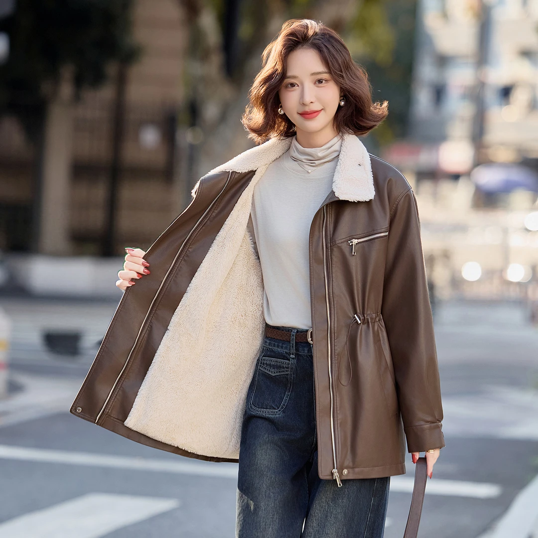 加绒加厚立领皮衣外套女中长款2025冬季收腰百搭PU皮棉服夹克上衣