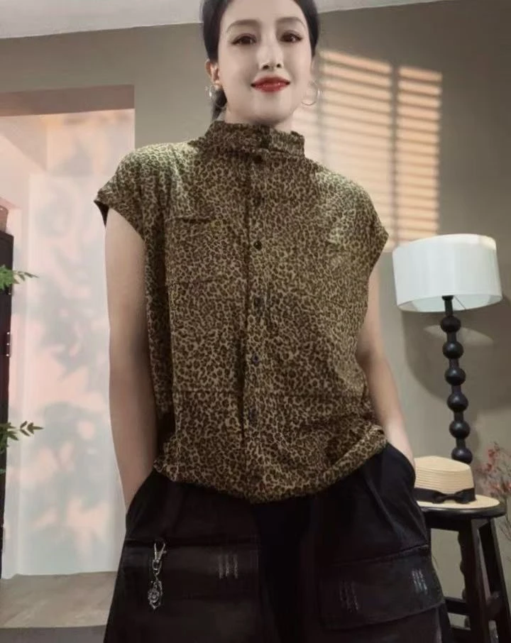 DD-显瘦遮肉时髦设计夏季宽松复古豹纹印花半高领短袖T恤