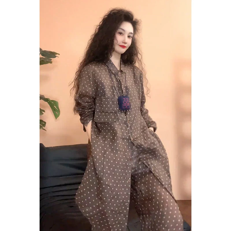 2025夏季新款慵懒风百搭宽松中长款上衣女高腰休闲裤波点两件套潮