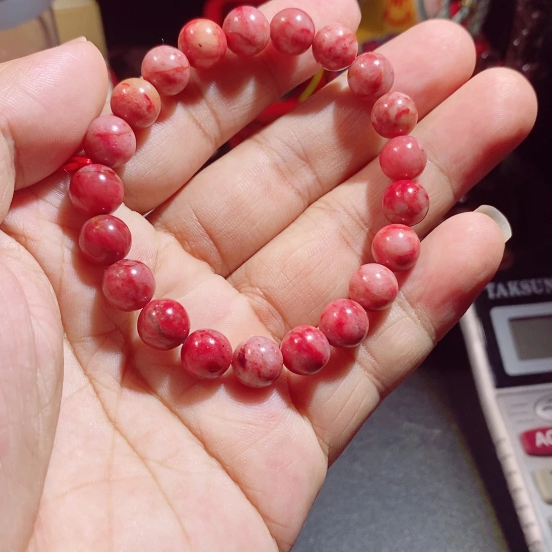 天然辰砂玉化浅粉原石手串