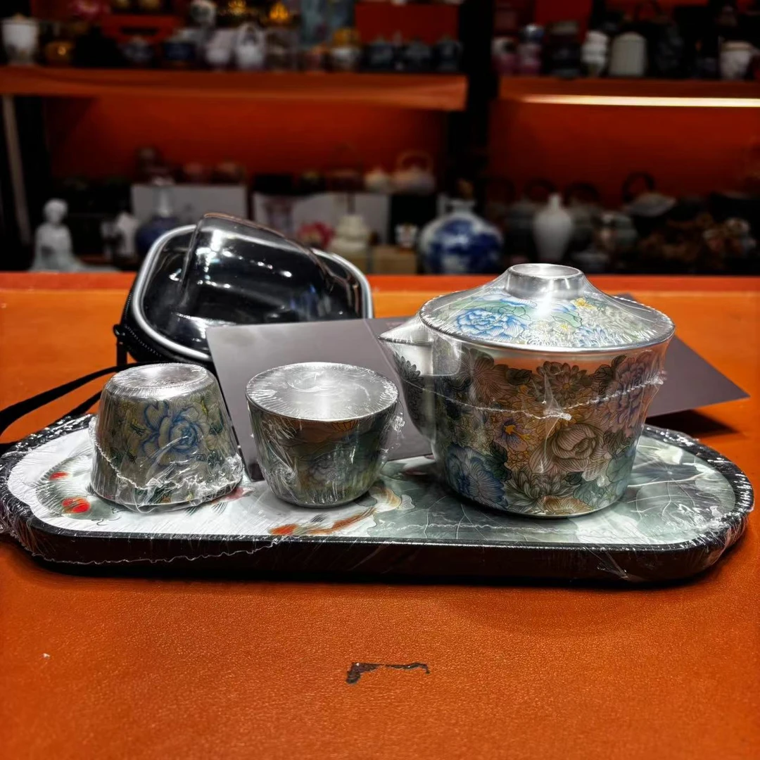 友名 鎏银（繁花）手抓壶 +两杯+包+盘-0112