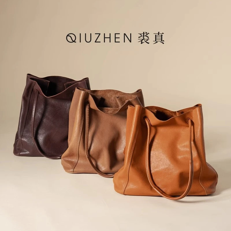 裘真软皮水桶包托特小众复古斜挎通勤大容量托特包手拎包女款小包