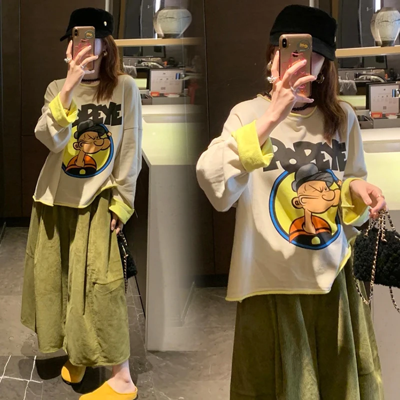 时尚韩系减龄拼接卡通加厚卫衣外穿2025新款孕妇套装灯芯裤两件套