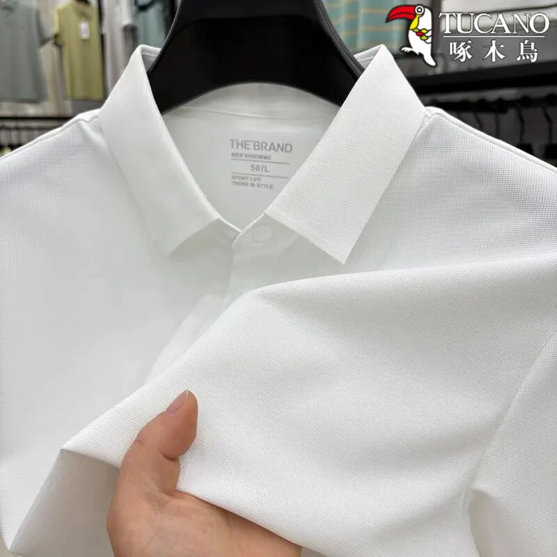 啄木鸟白色冰丝男士短袖t恤夏季新款弹力开叉凉感透气纯色polo衫