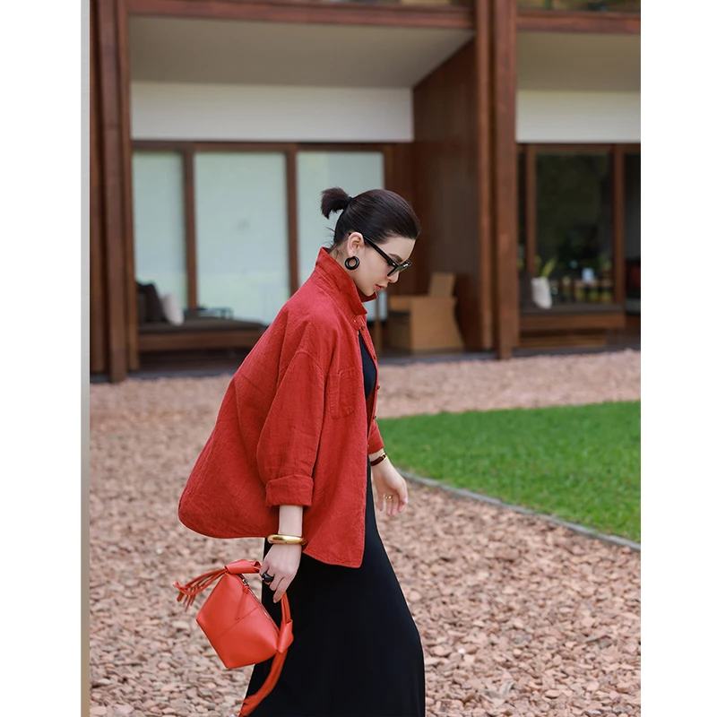 麻霖原创设计早春新品100%亚麻色织朱砂红休闲文艺显瘦衬衫
