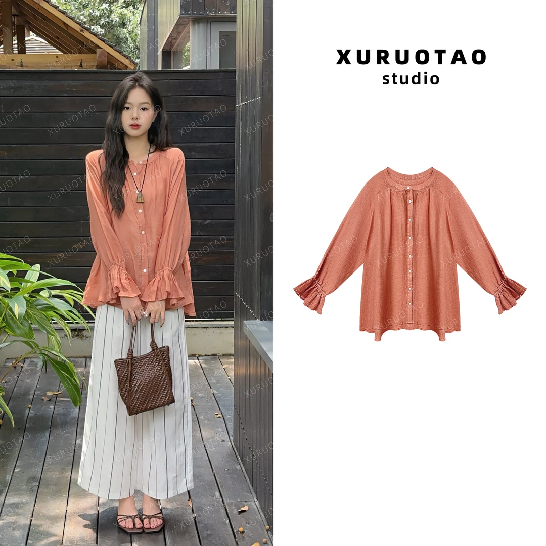 XURUOTAO 【芷若】100苎麻花瓣袖设计感显瘦橘色上衣 T5458