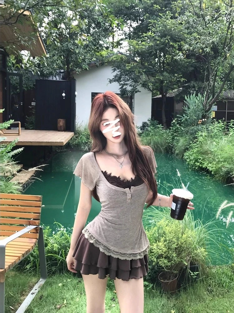 【可可拿铁】纯欲风真两件连衣裙女2025夏季新款设计感收腰显瘦裙子