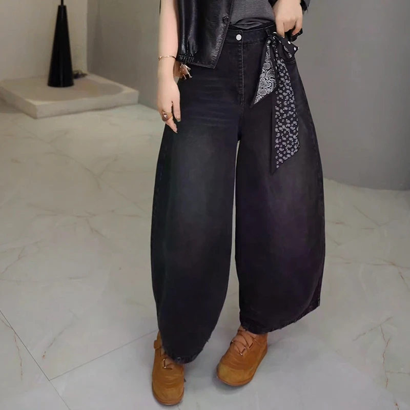 "港味牛仔"2025早秋新款复古水洗正腰高腰弯刀宽松休闲牛仔裤子女