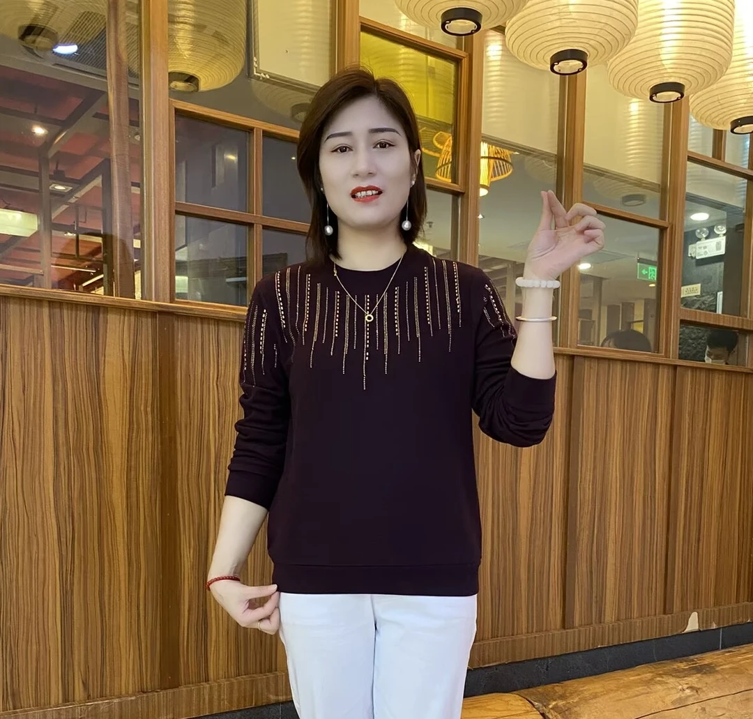 秋冬纯色法式圆领烫钻气质减龄显瘦百搭中老年女装打底衫