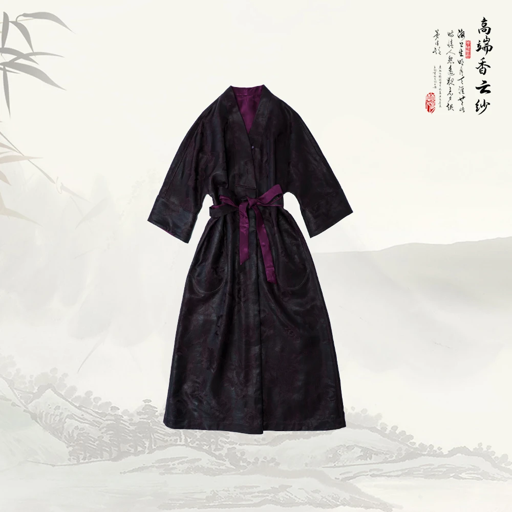 新款香云纱新中式国风V领流苏中袖长款连衣裙536005