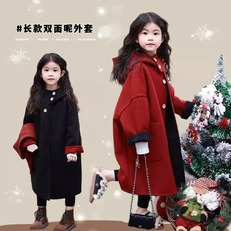 韩国女童外套秋冬款2025新款大童儿童双面呢子大衣中长款加厚毛呢