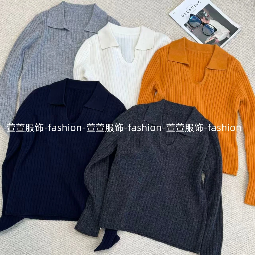 【萱萱服饰】ZZ1349秋季新款纯羊毛休闲韩版纯色翻领针织套头长袖女