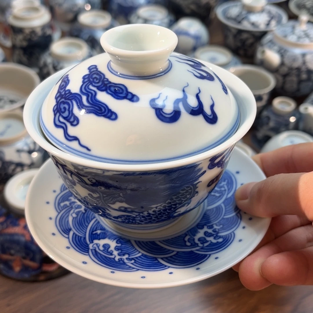 杯子景德镇青花清龙三才盖碗