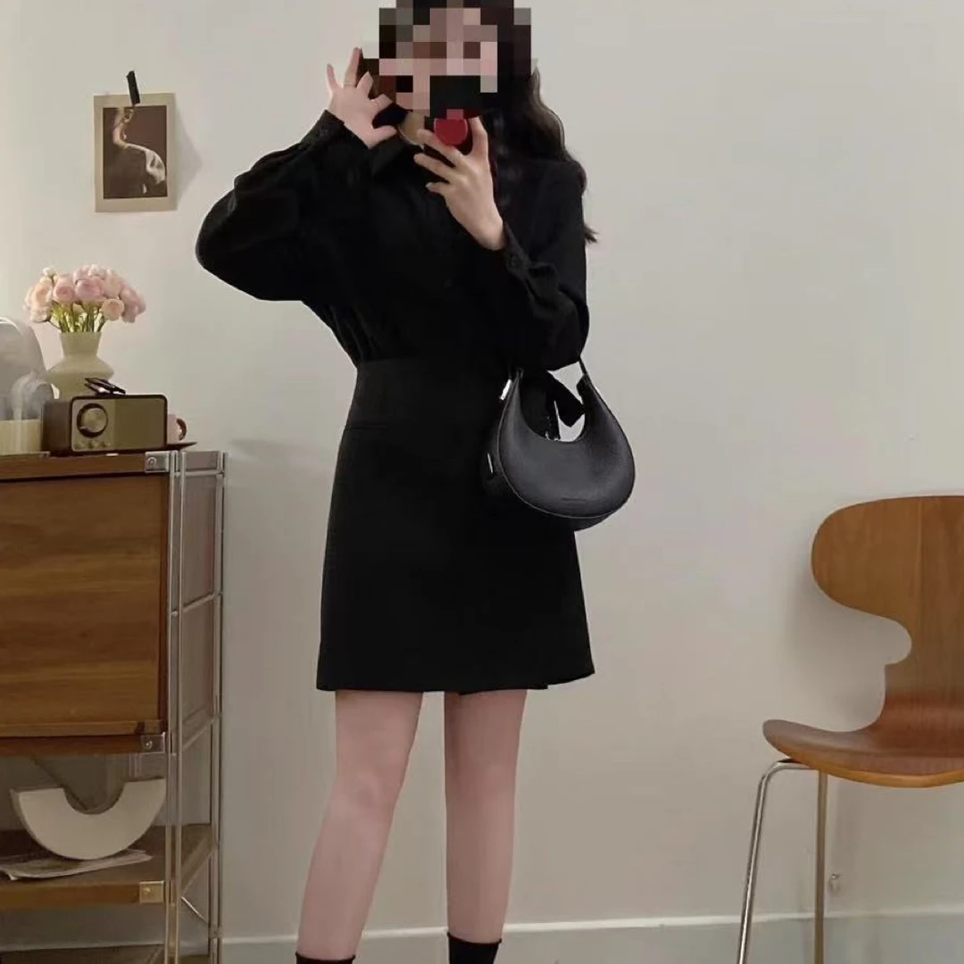 大码韩版秋季收腰显瘦长袖衬衫连衣裙大码女装气质假两件裙子8853