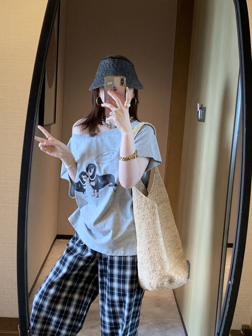 印花可爱动物短袖显瘦常规款圆领宽松型宽松通勤韩版休闲T恤