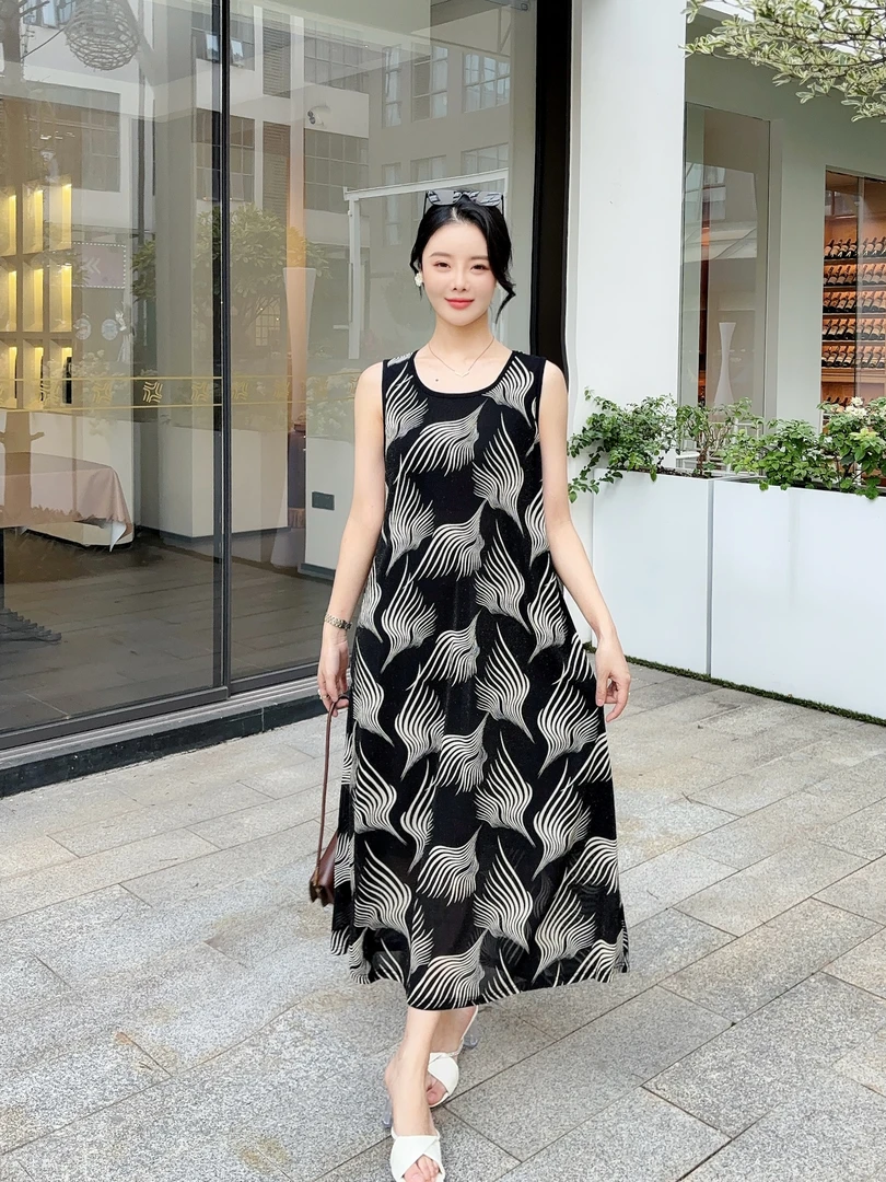 【J1121】 夏季度假风印花连衣裙针织法式裙长裙中长款宽松