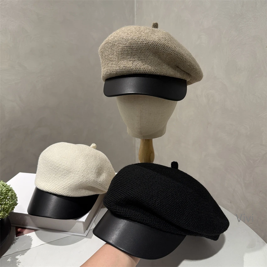 秋冬新款皮檐侧压针织鸭舌帽子女秋冬韩版日系显脸小画家报童帽潮