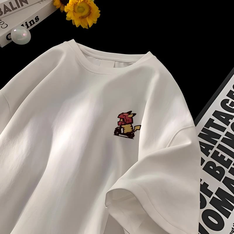 皮卡丘日系卡通酒红重磅短袖t恤男宽松摩托痞帅春夏大码纯棉半袖