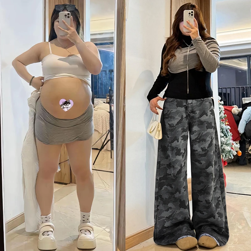 300斤特大码胖mm迷彩阔腿牛仔裤女美式慵懒松弛感显瘦宽松工装裤