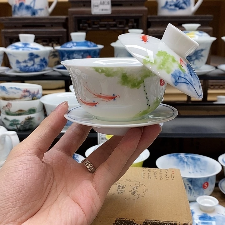 手绘五彩荷花悬停盖碗150cc釉下彩微瑕福利款