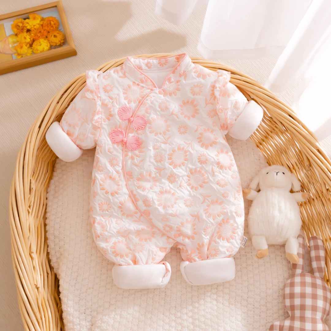 婴儿夹棉连体衣秋冬季女宝宝中国风哈衣爬服外穿衣服棉衣棉服冬装