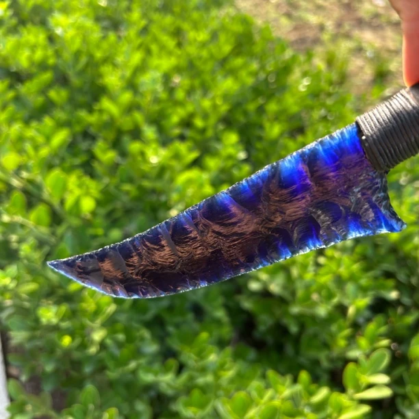 蓝黑猫眼石纯手工打制石器猎刀真鹿角刀把特殊个性礼品玩具礼品