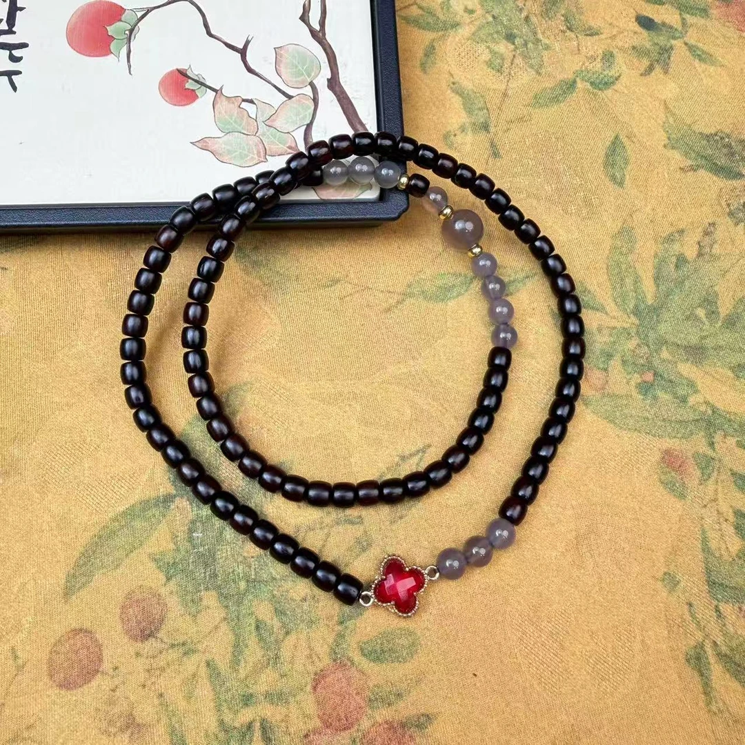 S1080-小叶紫檀直切双圈搭配红色四叶草