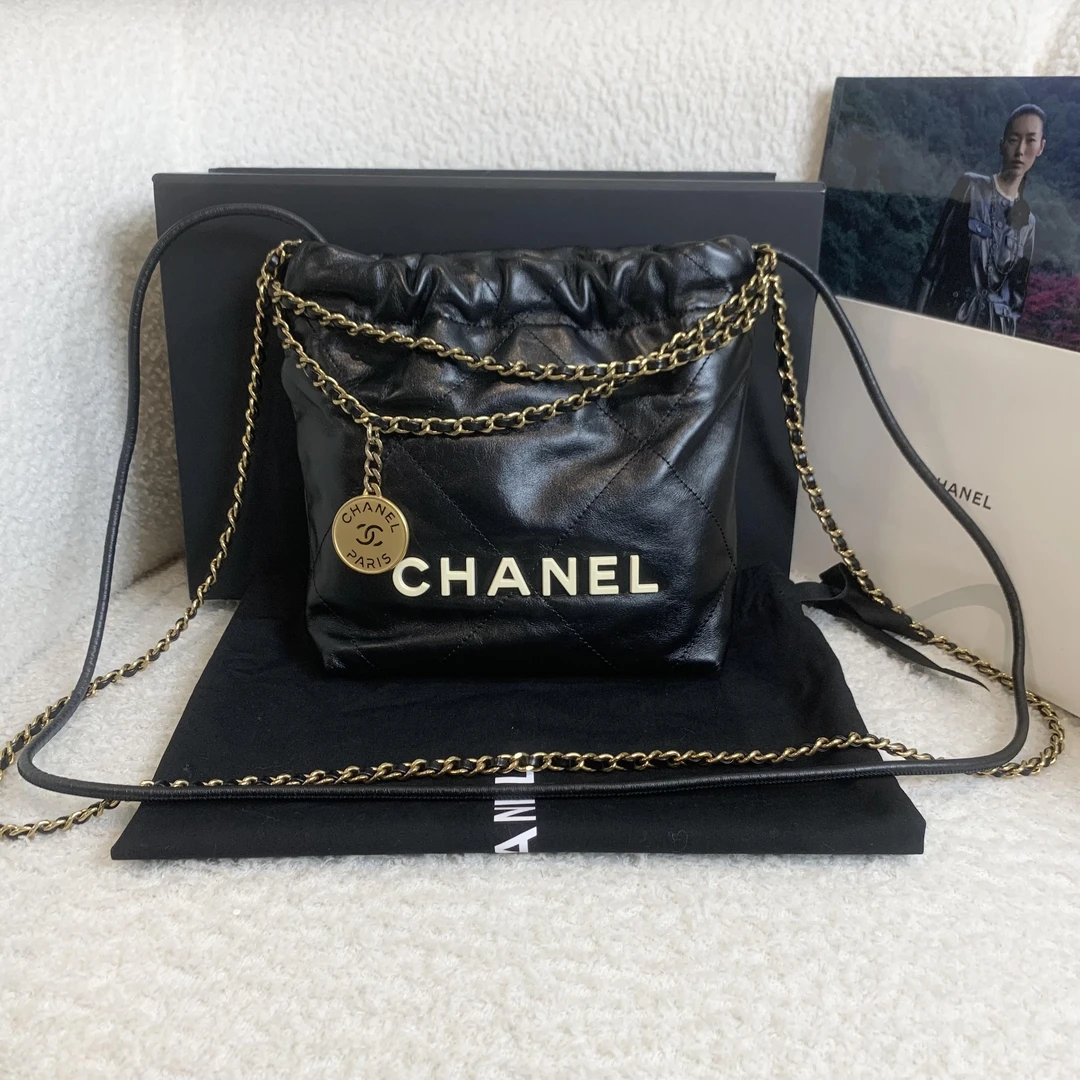 99新 Chanel/香奈儿 壹臻/24C黑金白字牛皮22bag mini 89893829