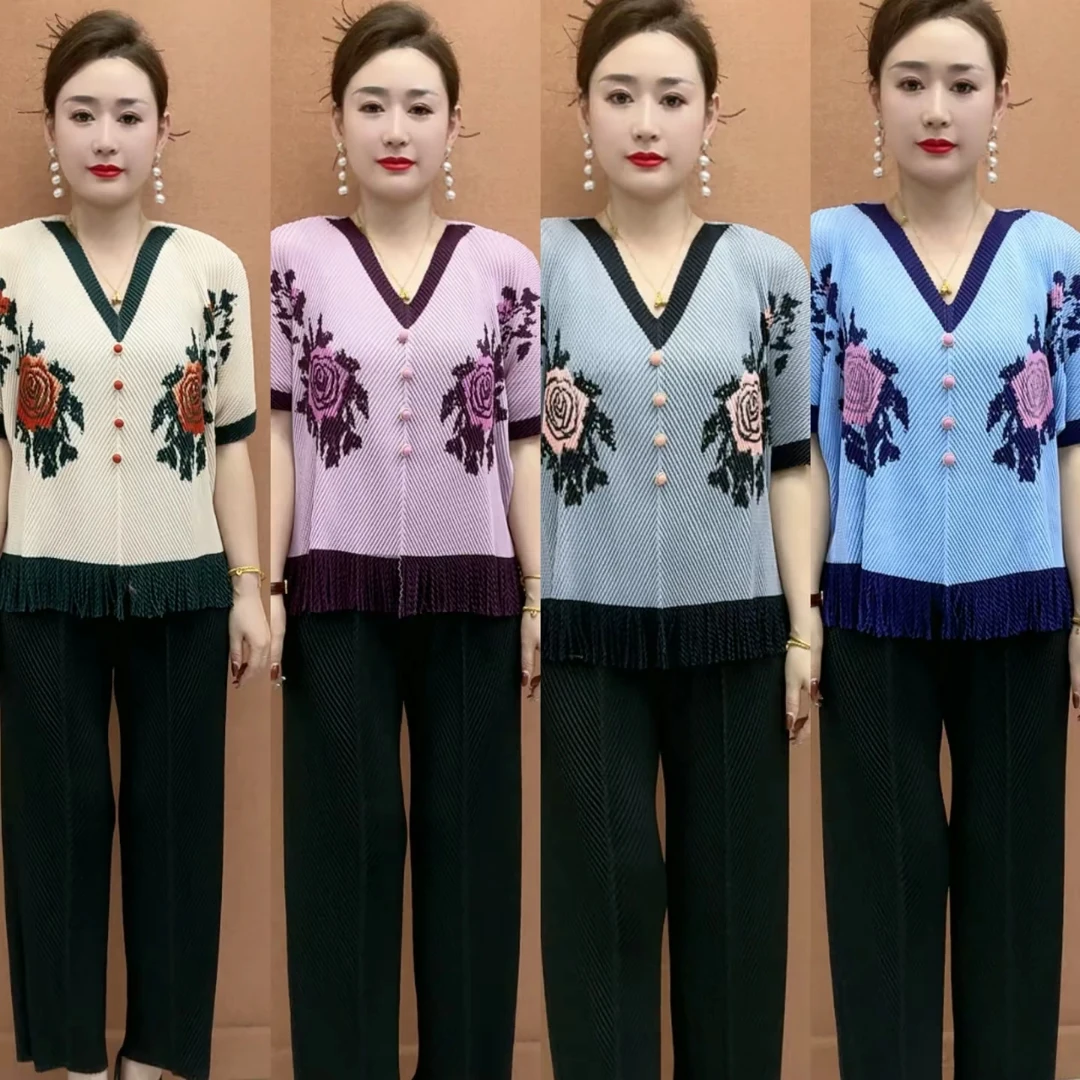 爆款正版大码褶皱丝上衣时尚气质印花流苏显瘦遮肚褶皱大码女上衣