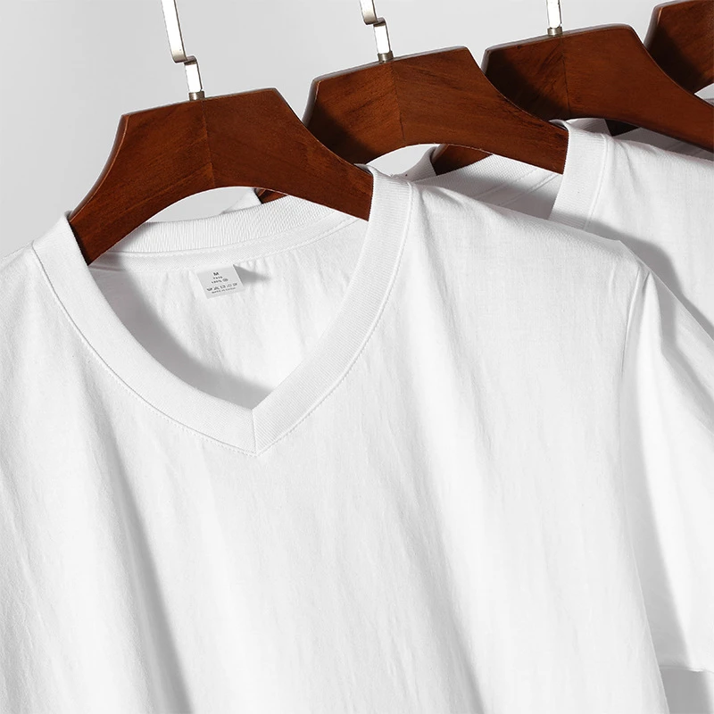 210g白色领短袖t恤男夏季纯棉纯色鸡心领打底衫宽松半袖恤日系