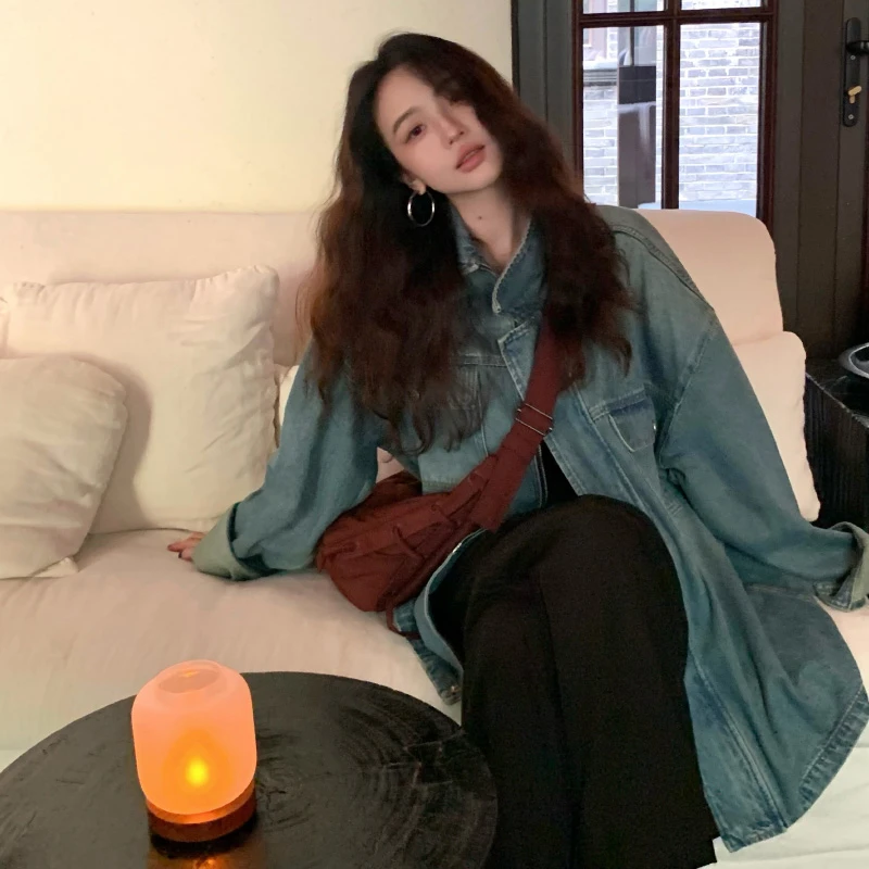 酒午自制新品 港风复古宽松落肩袖翻领中长款牛仔外套春秋KLF3815