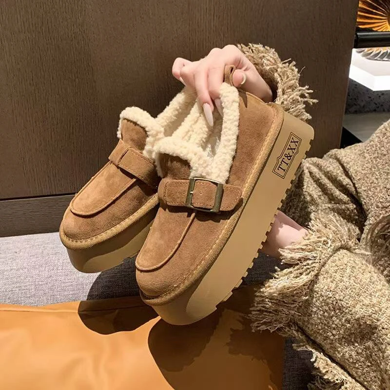 加绒厚底勃肯鞋女冬季保暖毛毛鞋懒人一脚蹬增高雪地靴1818-1