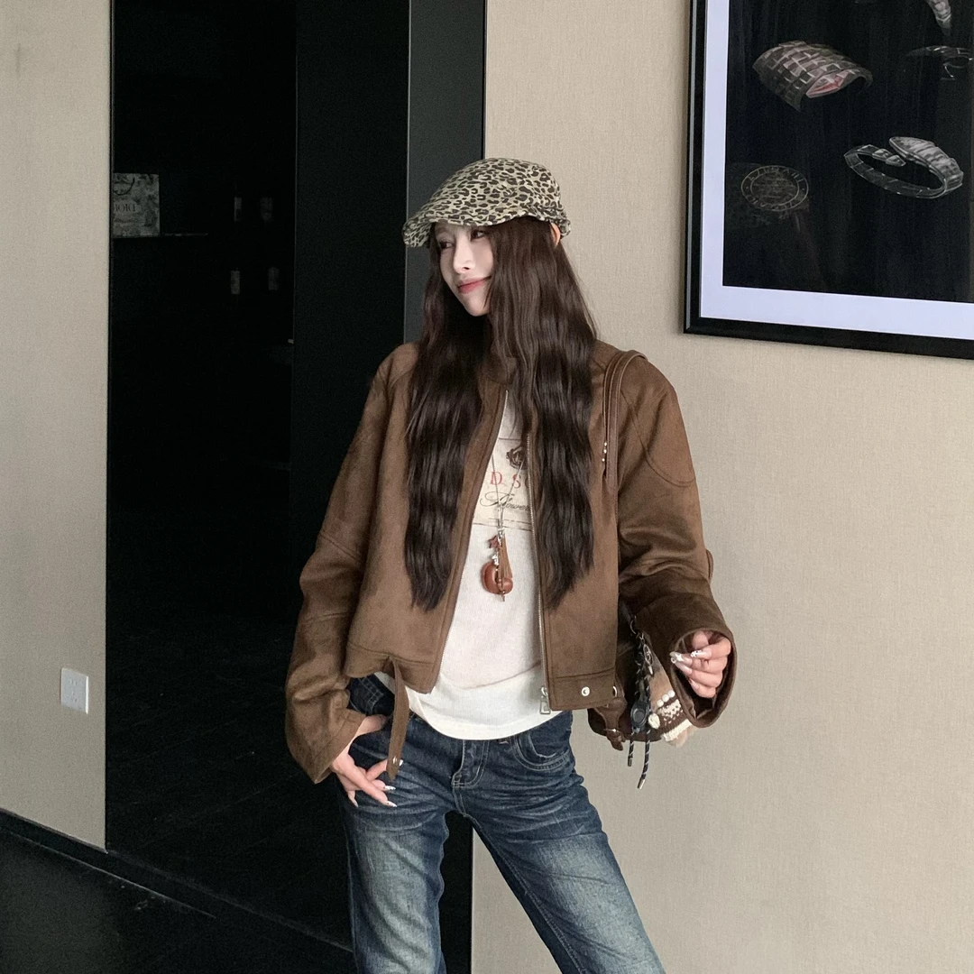 3MER 美拉德麂皮绒棕色短款外套女秋冬新款复古夹克飞行服