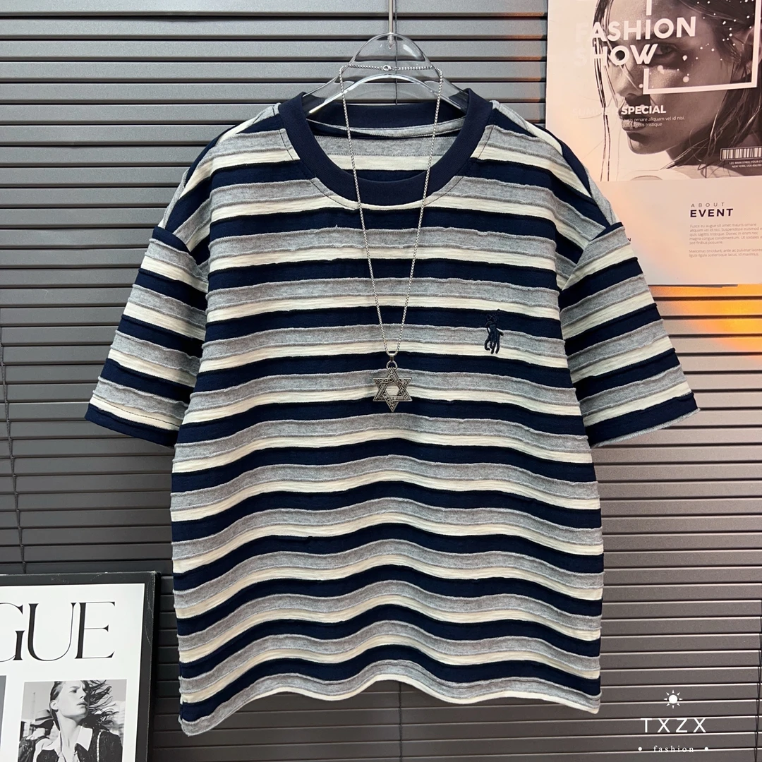 TX-25SDY95夏季新款中大童韩版亲子圆领工艺条纹短袖刺绣潮流T恤