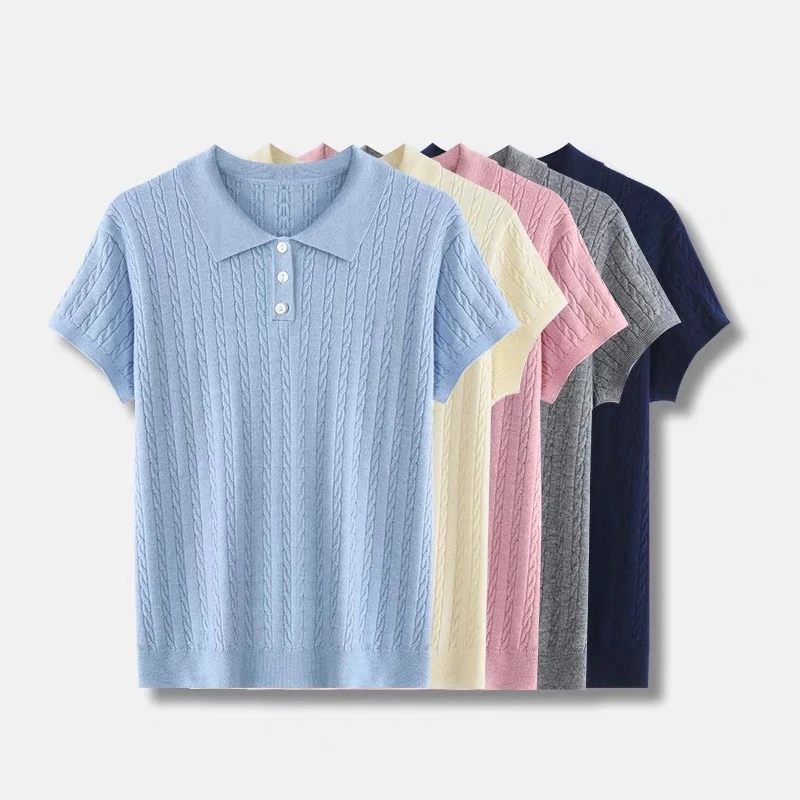 勤勤【绵羊毛真丝】新款POLO领刺绣螺纹收编绞花针织衫T恤25Y131