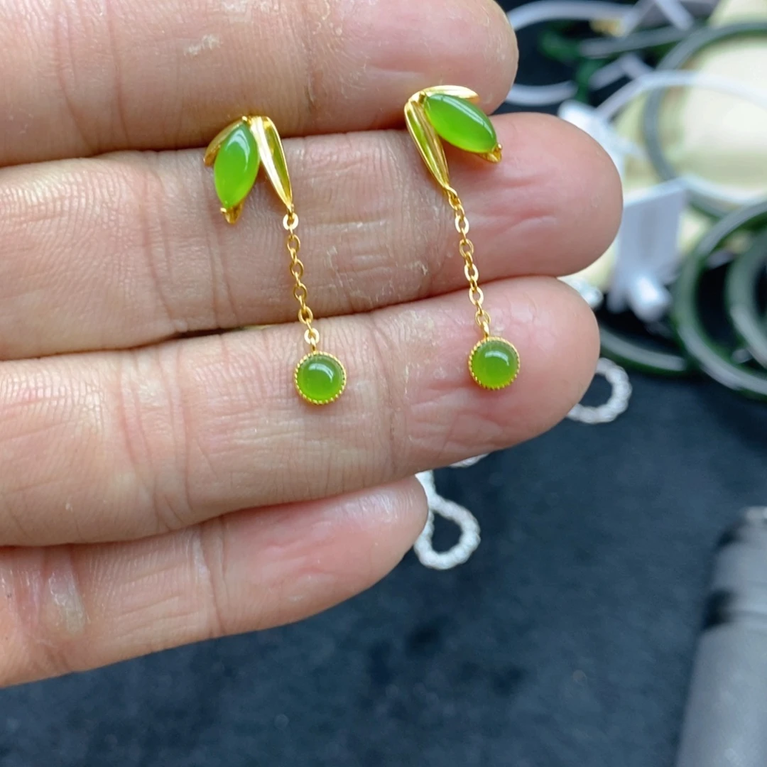 和田玉（碧玉）耳饰银S925镀金镶嵌