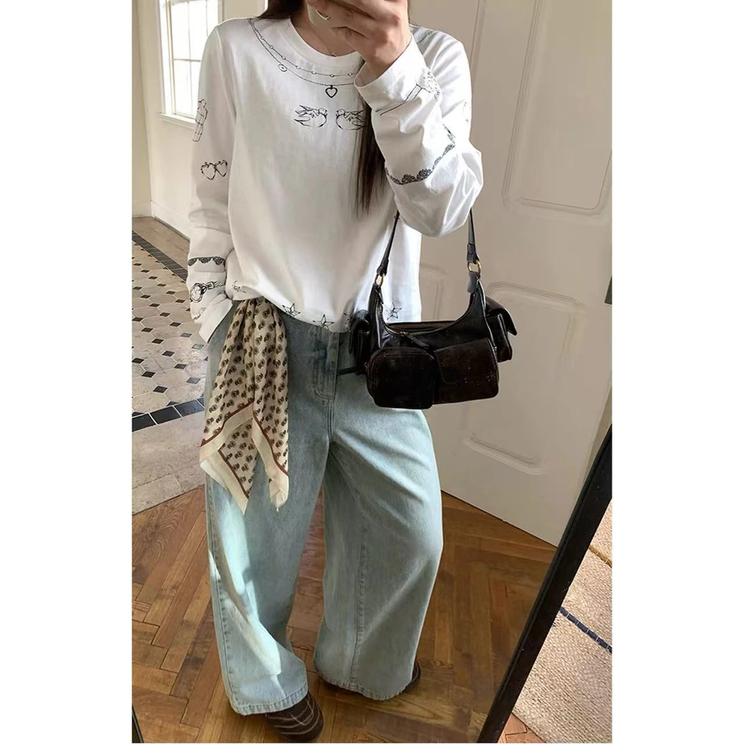 【NAZ微胖大码定制】手绘爱心链中古t休闲宽松趣味印花长袖T恤